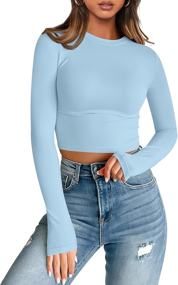 Trendy Queen Womens Long Sleeve Crop Tops Basic Slim Fitted Shirts Casual Fashion 2024 Y2k Tops Teen Girl Clothes