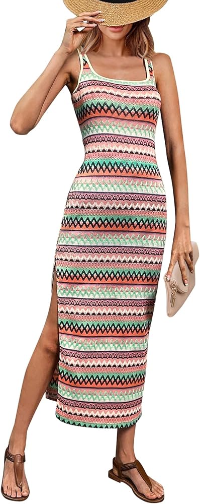 PRETTYGARDEN Maxi Dresses for Women 2024 Summer Casual Tank Dress Fitted Tight Square Neck Beach Sundress