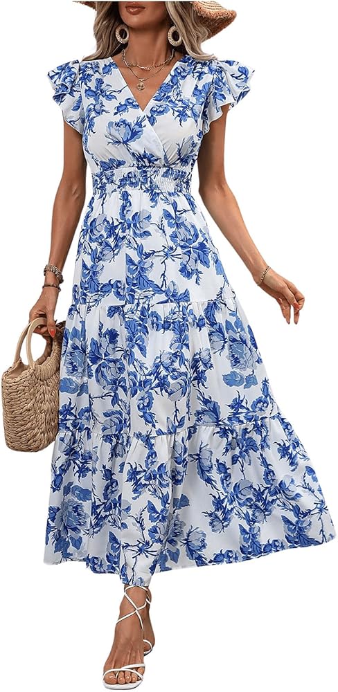 Milumia Summer Flowy Bohemian Dresses for Women 2024 Boho Floral V Neck Ruffle Hem Maxi Dress