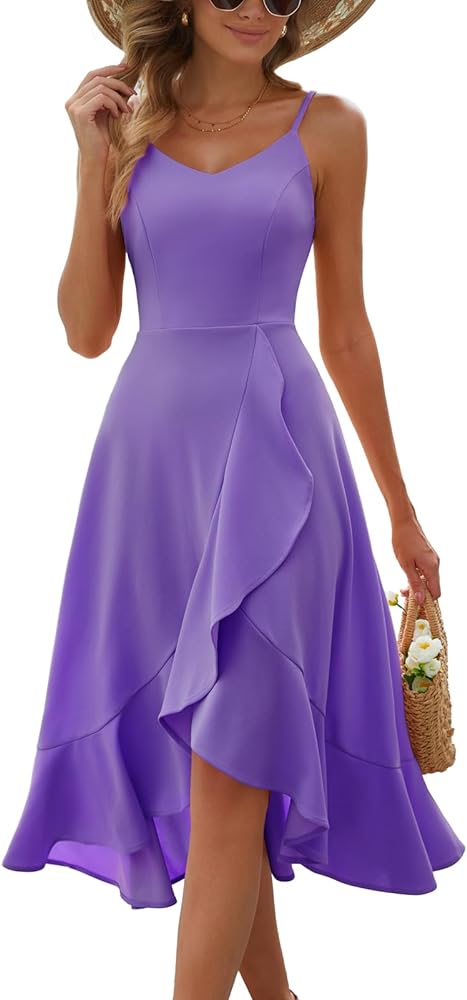 DRESSTELLS Women's Cocktail Dress, 2024 Bridesmaid High Low Wedding Guest Dress, Summer Strap Ruffle Homecoming Dress