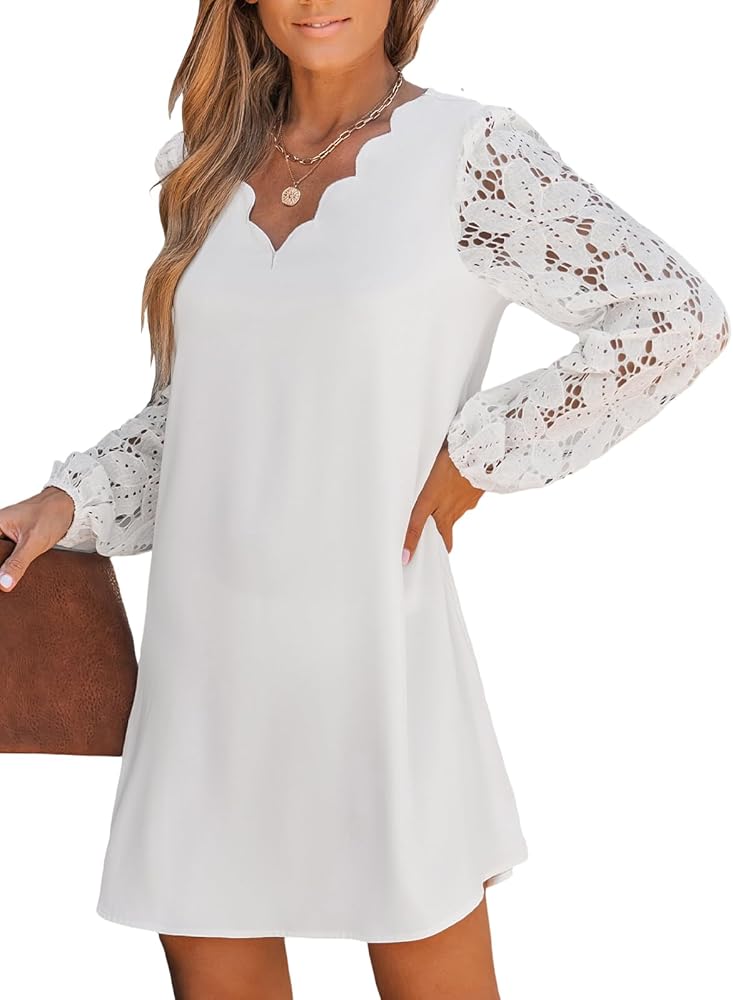 CUPSHE Women's Mini Dress Scalloped V Neck Lace Appliques Long Sleeve Loose Fit A Line Casual Dress