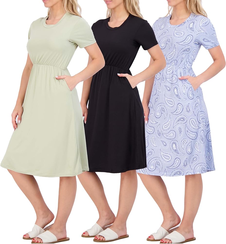 Real Essentials 3-Pack: Women's Midi Short Sleeve Soft T-Shirt Dress with Elastic Waist (Available in Plus Size)