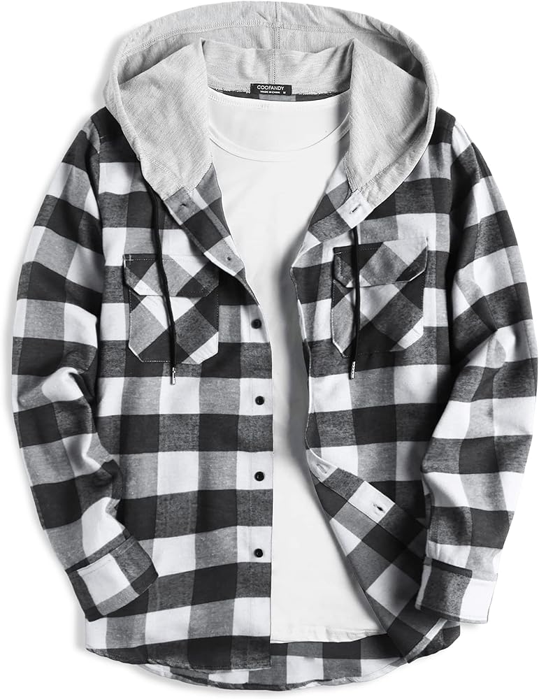 COOFANDY Men's Plaid Hoodie Flannel Shirt Jacket Long Sleeve Casual Fashion Button Shirts