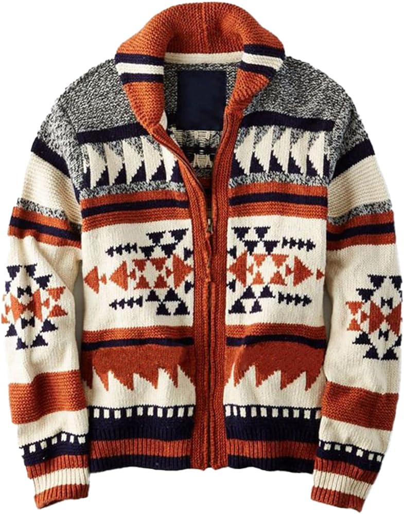 Men's Casual Tribal Aztec Print Western Ethnic Vintage Lapel Knitted Warm Long Sleeve Cardigan Sweater Jacket Coat