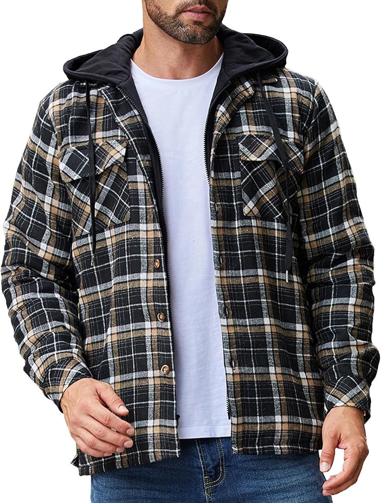 COOFANDY Men's Quilted Lined Flannel Shirt Jacket with Hood Long Sleeve Plaid Shirt Jacket