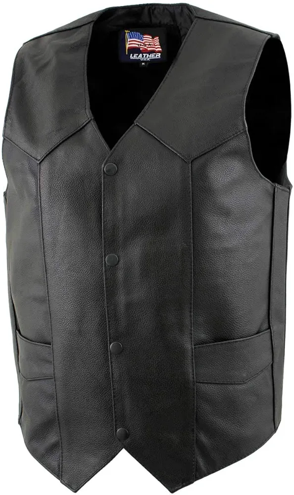 1201 Men's Black Classic Club Style Motorcycle Original Leather Vest - X-Large