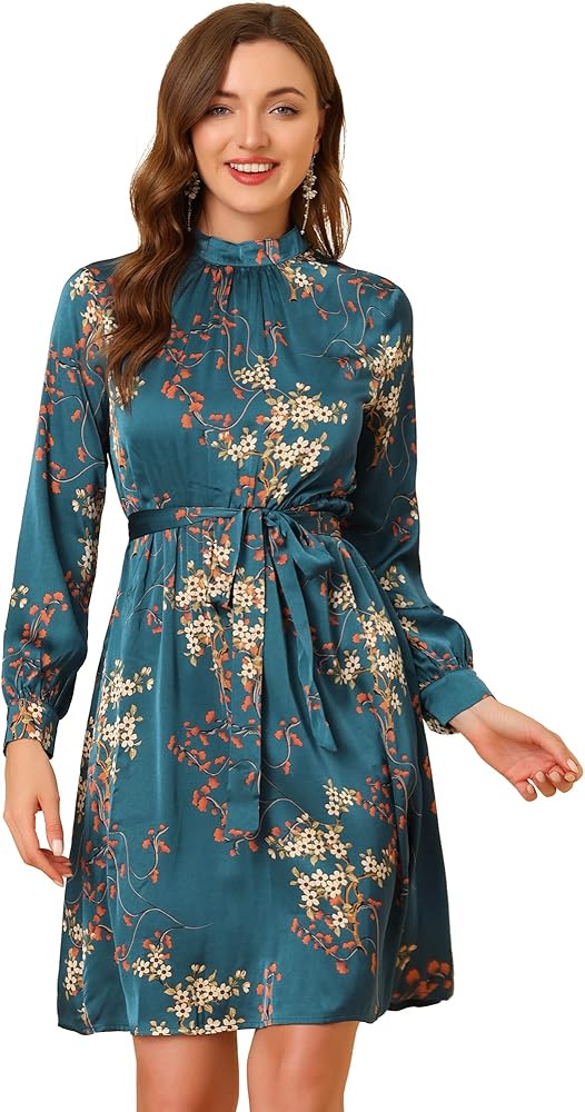 Allegra K Women's Mock Neck Swing Knee Length Long Sleeve A-line Floral Dress