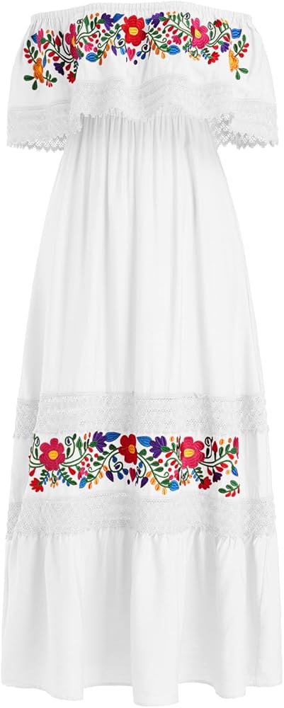 Women Mexican Dress Off Shoulder Floral Embroidered Long Maxi Dress Summer Beach Party Cinco de Mayo Dresses