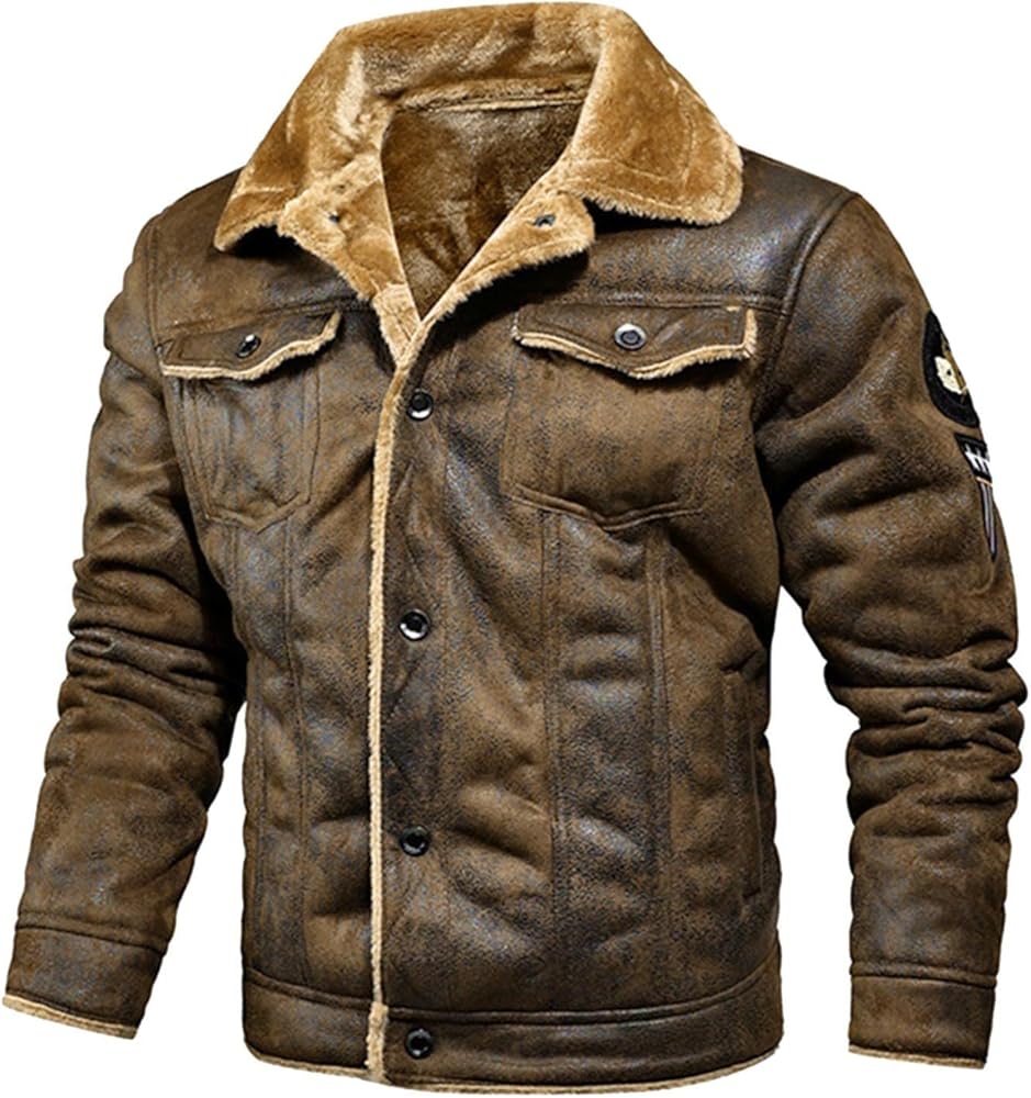 Winter Coat For Men,Bomber Faux Leather Jacket For Men Vintage Turn-Down Collar Sherpa Lining Coat Sport Jackets