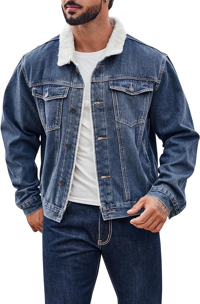 Runcati Mens Sherpa Fleece Lined Denim Jacket Casual Winter Warm Button Down Trucker Jacket Coat with Pocket