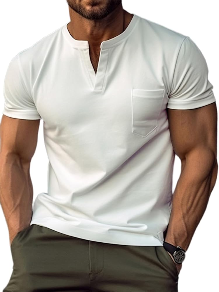 Beotyshow Mens V-Neck T Shirts Casual Short Sleeve Henley Shirt Workout Muscle Athletic Tees with Pocket