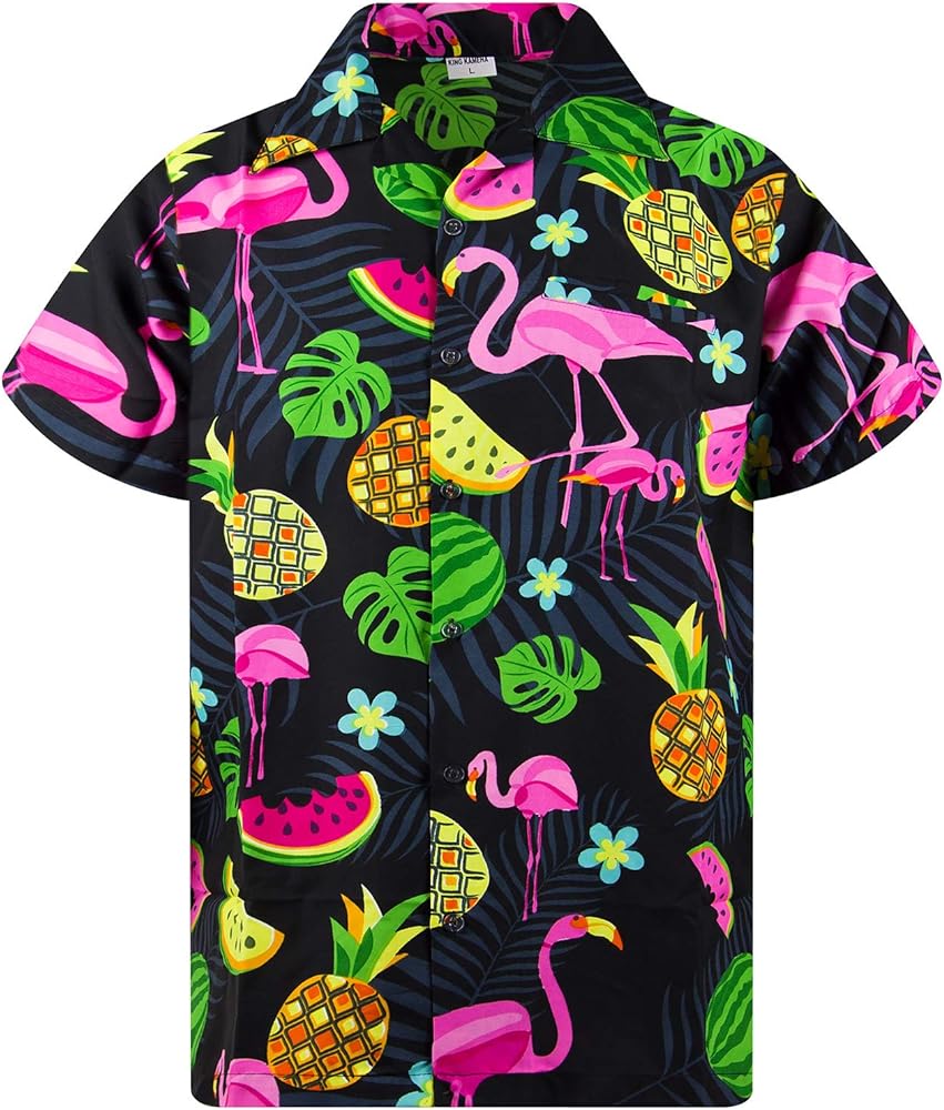 Hawaiian Shirt for Men Fruit-Desing Flamingos Regular-Shirts Short-Sleeve Button-Down Vacation