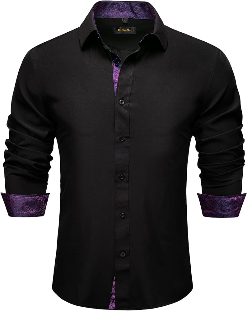 DiBanGu Black Mens Dress Shirts Long Sleeve Button Down Shirts Regular Fit Inner Contrast Business Formal Cotton Shirt S-3XL