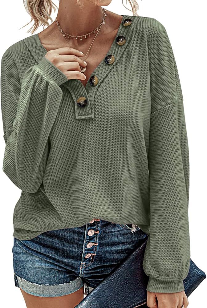 BTFBM Women Waffle Knit Shirts V-Neck Long Sleeve Casual Slouchy Loose Blouses Plain Faux Button Lightweight Pullover