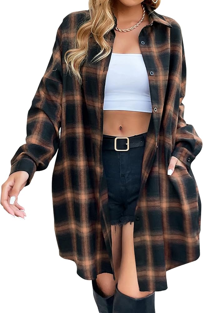 Blooming Jelly Women's Button Down Flannel Shirts Plaid Shacket Long Sleeve Collared Long Jacket Coats