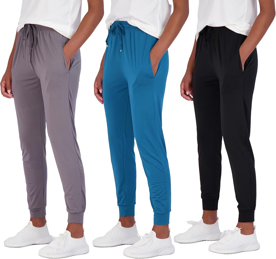 Real Essentials 3 Pack: Womens Dry-Fit Active Soft Lightweight Lounge Jogger Pants with Pockets (Available in Plus Size)