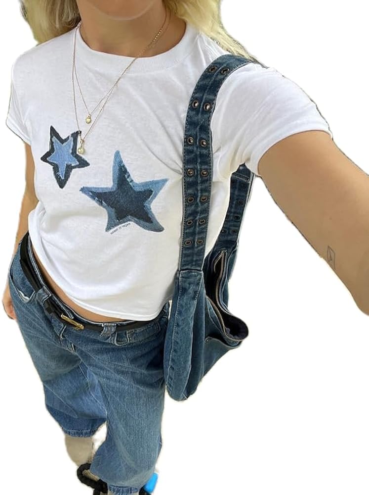 Y2k Cute Star Bow Graphic Print Baby Tees Shirt Women Short Sleeve Fruit Cherry Aesthetic Teens Girl Crop Tops