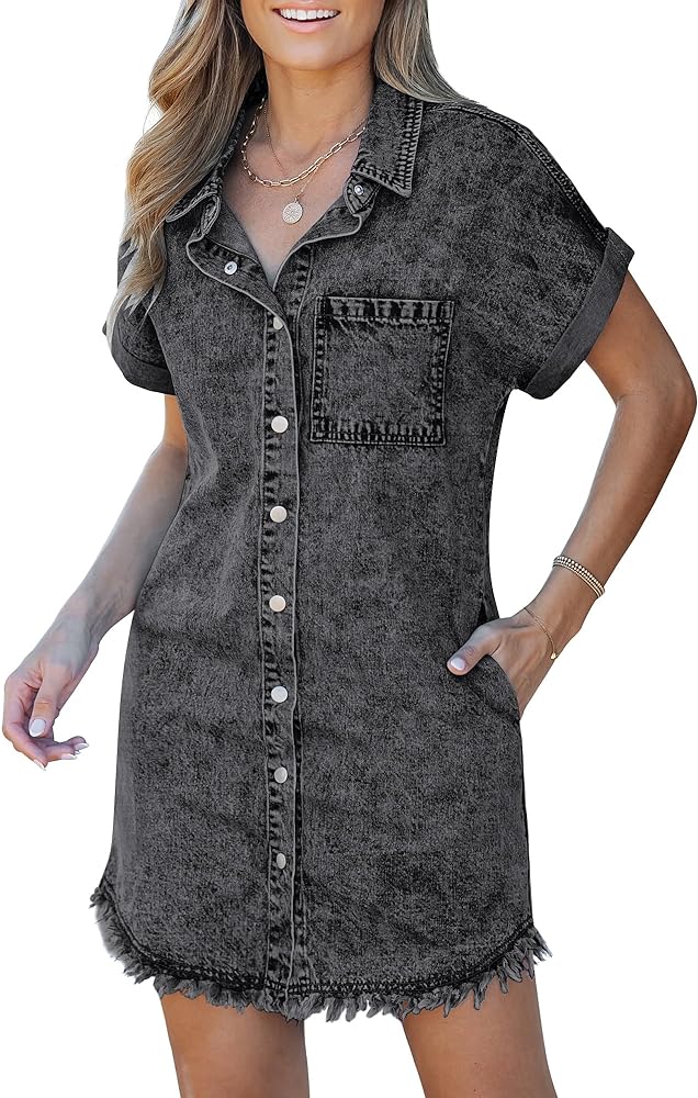 luvamia Denim Dress for Women Button Down Short Sleeves Casual Summer Jean Shirt Dresses with Pockets Frayed Hem