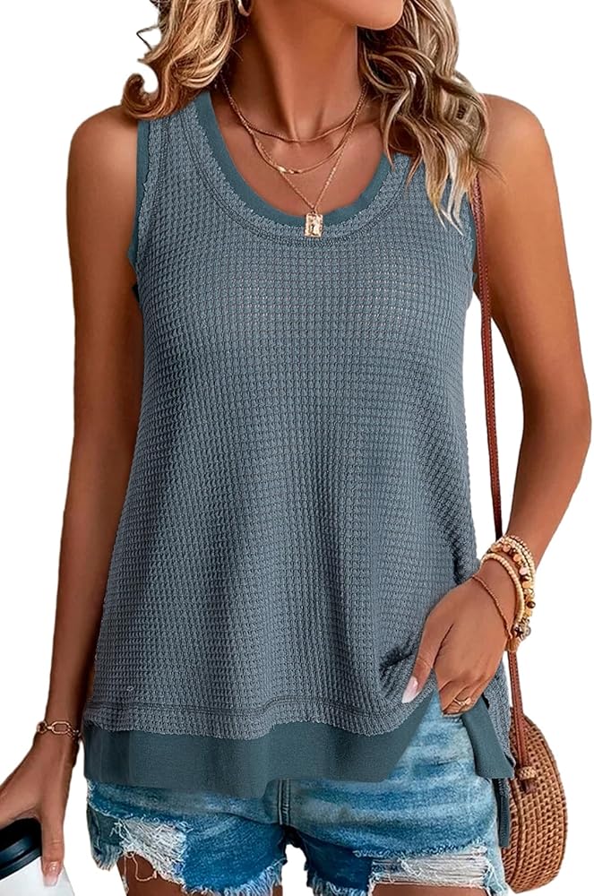 EVALESS Waffle Knit Tank Top for Women Summer 2024 Trendy Oversized Scoop Neck Sleeveless Tops