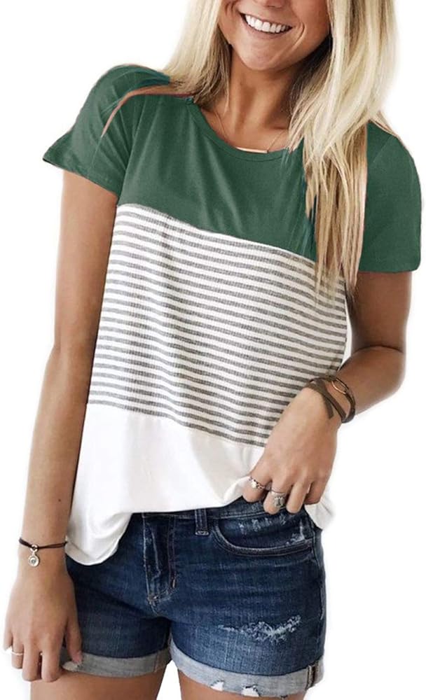 Womens Summer Color Block Striped T-Shirt Short Sleeve Loose Tunic Blouse and Tops