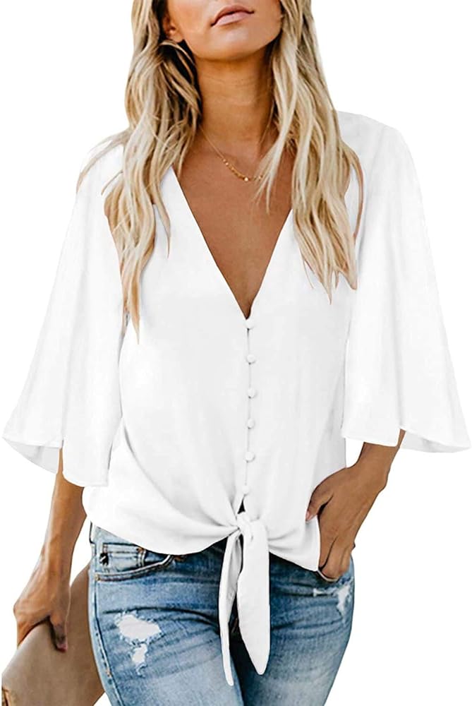 Kancystore Womens Button Down V Neck Tie Knot Front Tops 3/4 Sleeve Chiffon Casual Blouse Shirts