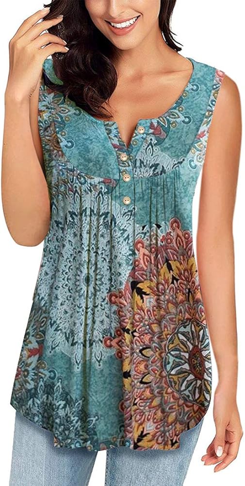 MIROL Womens Summer Sleeveless V Neck Solid Color Casual Swing Shirts Flowy Tank Tops Blouses with Buttons