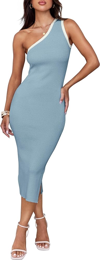 ZESICA Women's Summer One Shoulder Bodycon Midi Dresses 2024 Casual Sleeveless Ribbed Knit Side Slit Sweater Dress