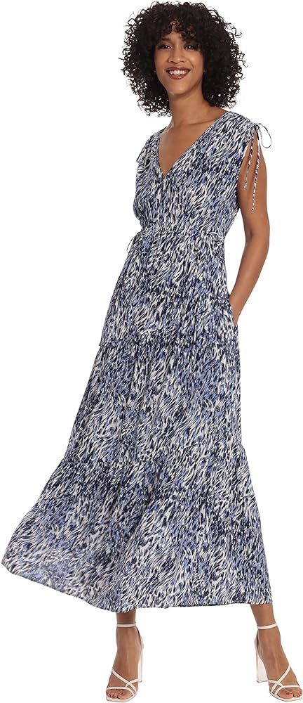 Maggy London Women's Tiered Maxi with Shoulder and Waist Drawstring Details