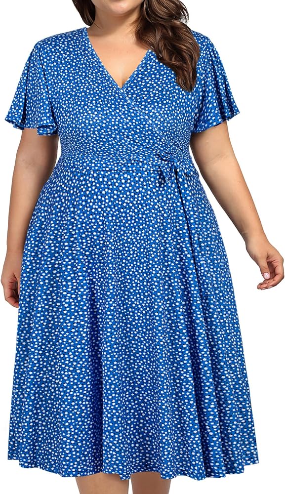 kissmay Plus Size Womens V Neck Floral Cocktail Party Midi Dresses with Pocket