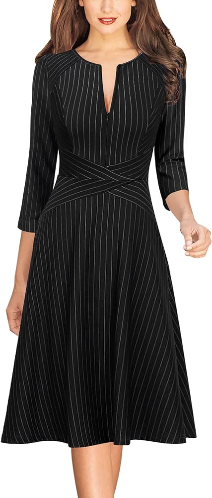 VFSHOW Womens Front Zipper Crisscross Waist Slim Wear to Work Business Office A-Line Dress