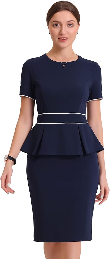 Allegra K Women's Work Sheath Dresses Crewneck Pencil Business Peplum Dress