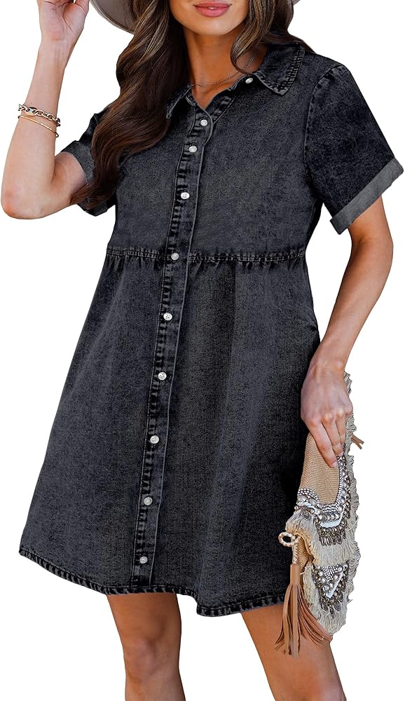 luvamia Women's Casual Short Sleeve Button Down Tiered Denim Babydoll Jean Dress