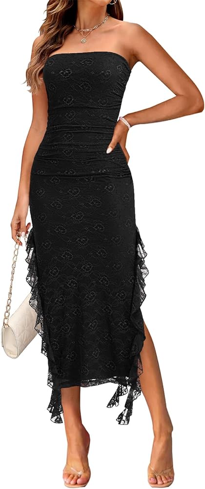 MEROKEETY Women's 2024 Strapless Bodycon Tube Dress Sexy Floral Lace Ruffle Slit Wedding Guest Cocktail Midi Dresses