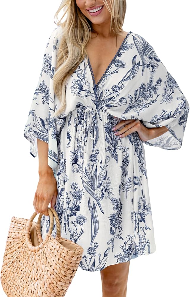 CUPSHE Women's Backless Beach Dress Plunging V Neck Floral Short Dolman Sleeve Back Tie Waist Tie Mini Summer Dresses