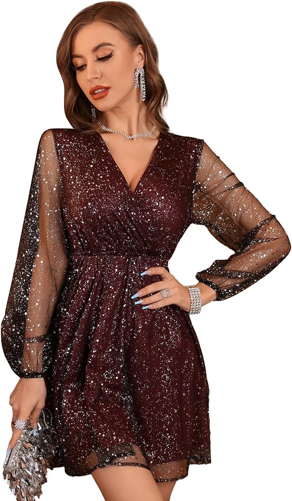 Floerns Women's Lantern Long Sleeve V Neck Mesh Cocktail Party Short Dress without Belt