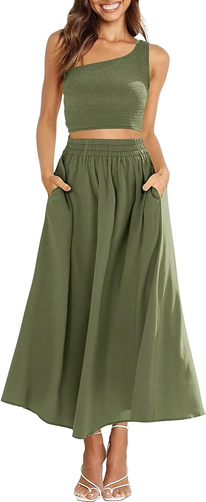 ANRABESS Women's 2 Pieces Outfits One Shoulder Smocked Crop Top & High Waist Long Skirt Dress Set with Pockets