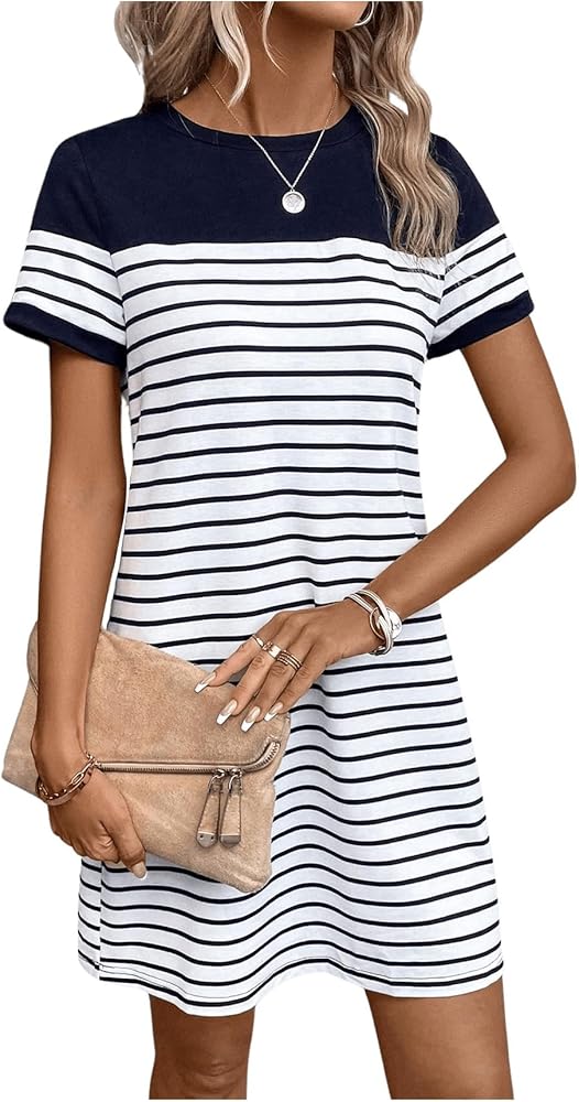 Milumia Women's Striped Colorblock Short Sleeve Mini T Shirt Dress