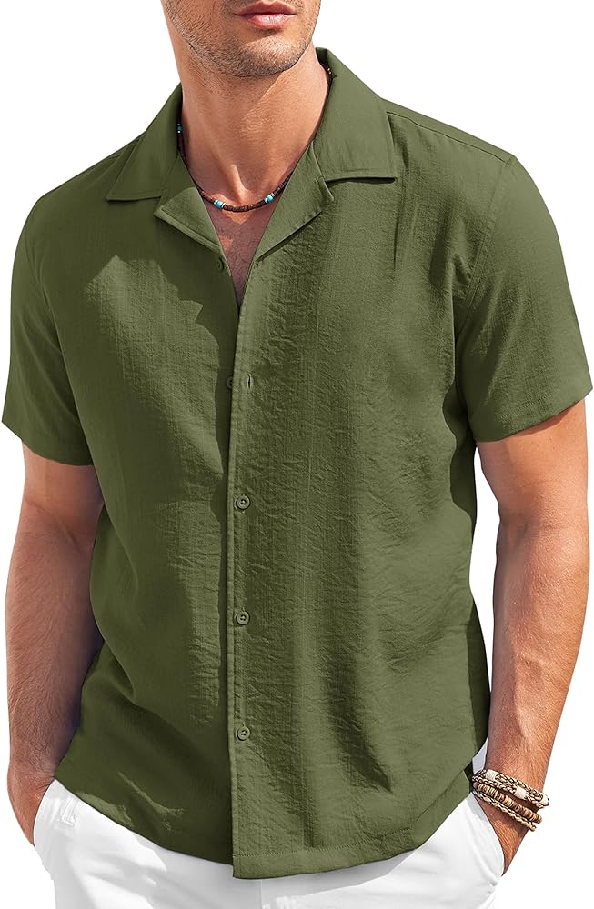 COOFANDY Men's Casual Button Down Shirt Short Sleeve Textured Summer Cuban Beach Shirts