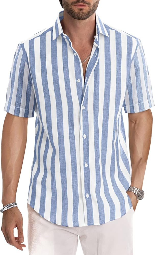 JMIERR Men's Casual Stylish Short Sleeve Button-Up Striped Dress Shirts Cotton Beach Shirt