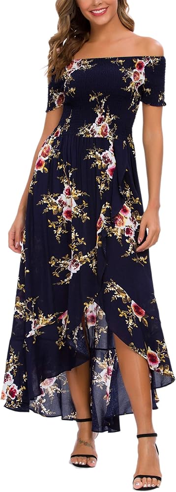 Kormei Women Short Sleeve Off Shoulder Floral High Low Flowy Summer Party Long Maxi Dress