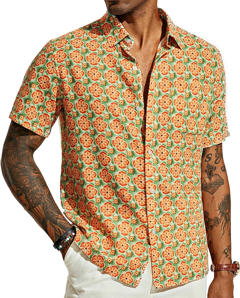 PJ PAUL JONES Mens Shirt Short Sleeve Button Down Tropical Shirts Casual Summer Beach Shirt with Chest Pocket