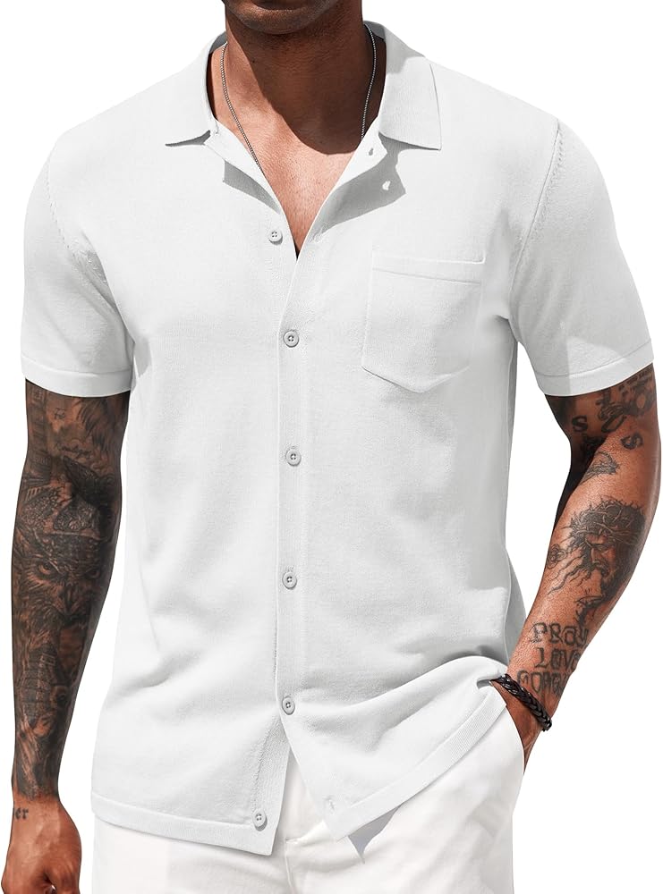 COOFANDY Men's Short Sleeve Knit Shirts Button Down Vintage Polo Casual Beach Shirt