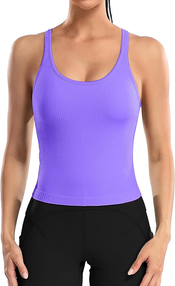 ATTRACO Women Ribbed Workout Crop Tops with Built in Bra Yoga Racerback Tank Top Tight Fit