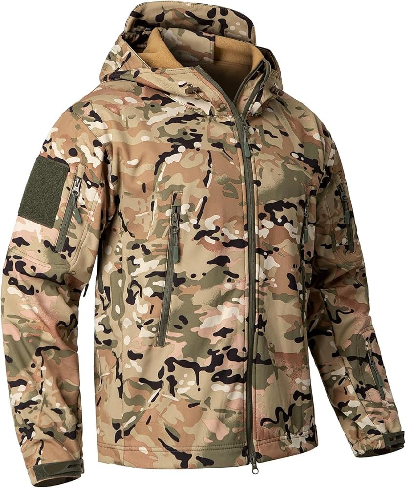 CARWORNIC Men's Camo Quiet Hunting Jacket Waterproof Softshell Fleece Lined Camouflage Outdoor Hiking Fishing Coat