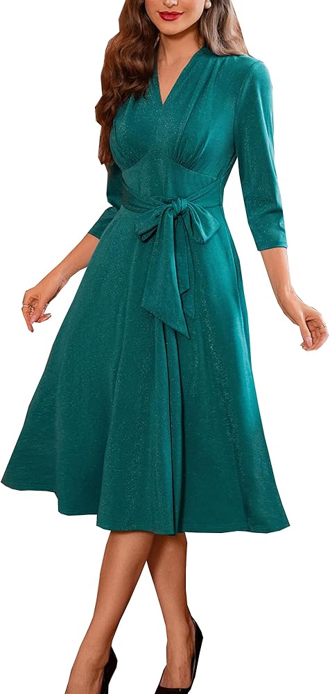 Belle Poque Women's Vintage Glitter Cocktail Dress Ruched V-Neck 3/4 Sleeve Tie Waist A-line Swing Wedding Guest Dress