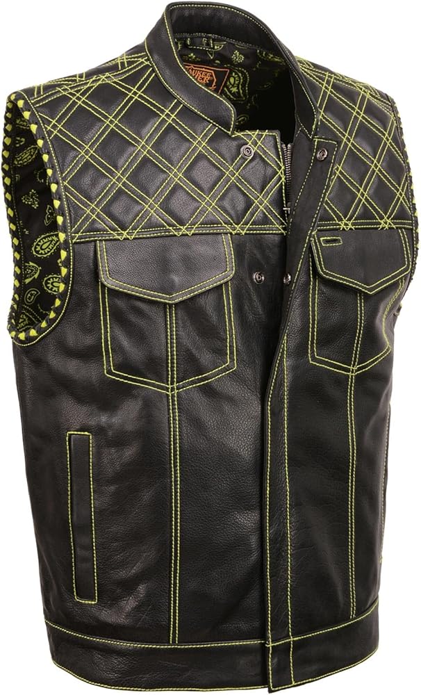 Milwaukee Leather MLM3528 Men's Black 'Paisley' Accented Neon Green Stitching Leather Vest w/Armhole Trim