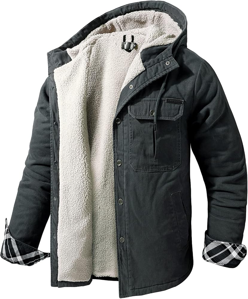 PEHMEA Men's Warm Thick Fleece Lined Button Up Hooded Outwear Jacket Windbreaker Coat