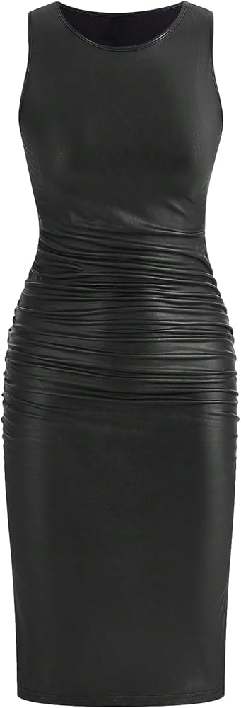 Verdusa Women's Split PU Leather Ruched Tank Dress Crewneck Sleeveless Long Bodycon Dress