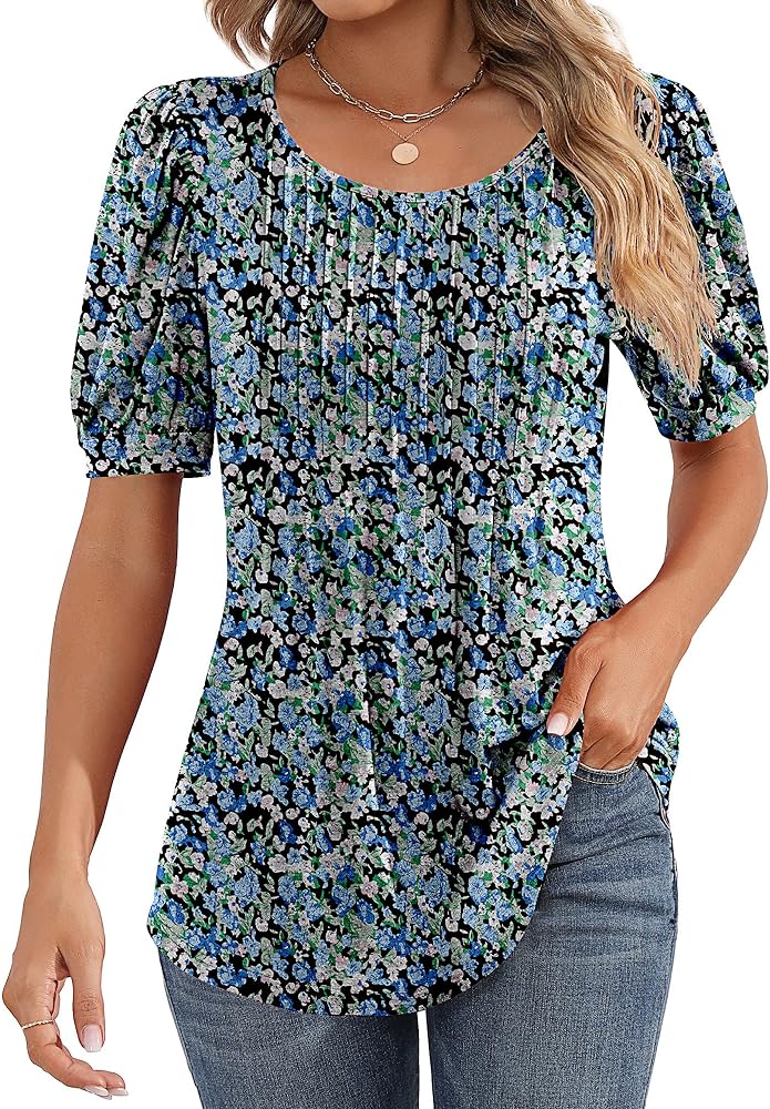 Women's Puff Short Sleeve Tunic Tops Pleated Crew Neck Summer Blouses Dressy Casual Loose T Shirts