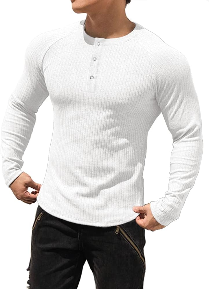 Men's Cotton Muscle Henley Shirts Slim Fit Short/Long Sleeve Stretchy Casual Stylish Ribbed Tee